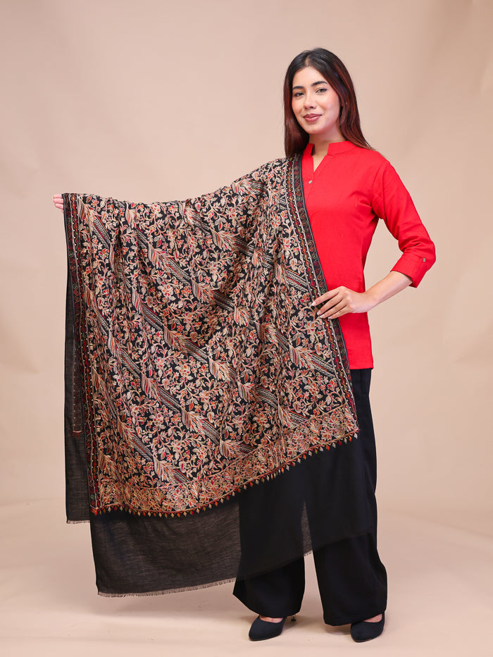 Women's Aari Embroidered Wool Shawl With Zari Work
