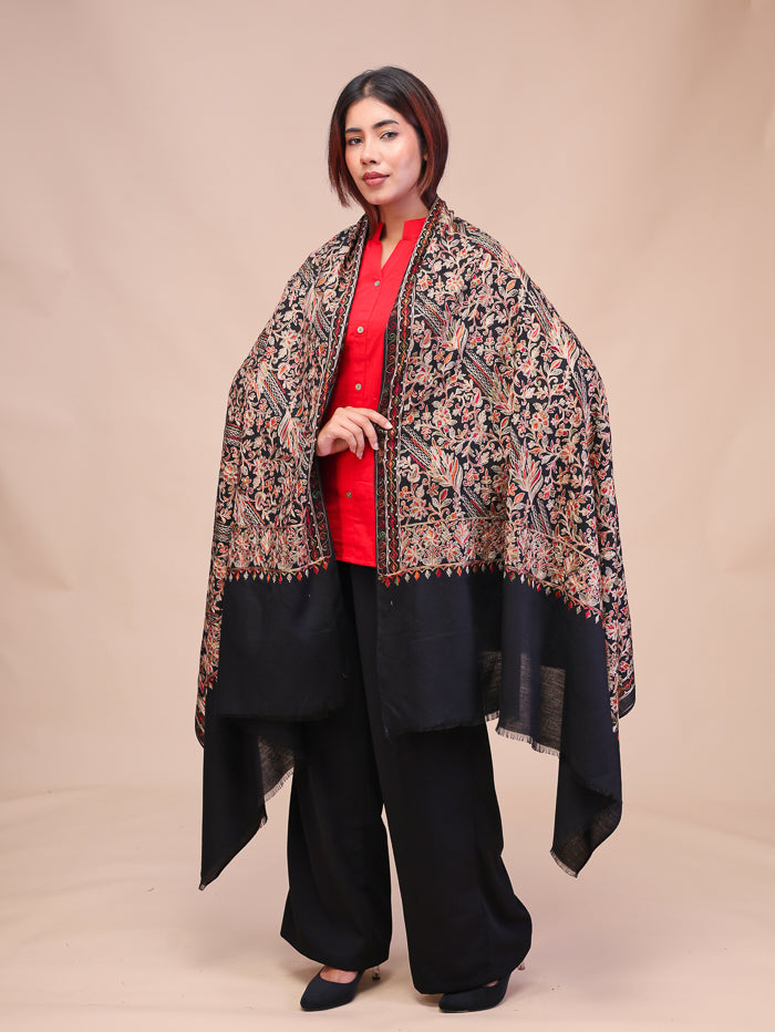 Women's Aari Embroidered Wool Shawl With Zari Work