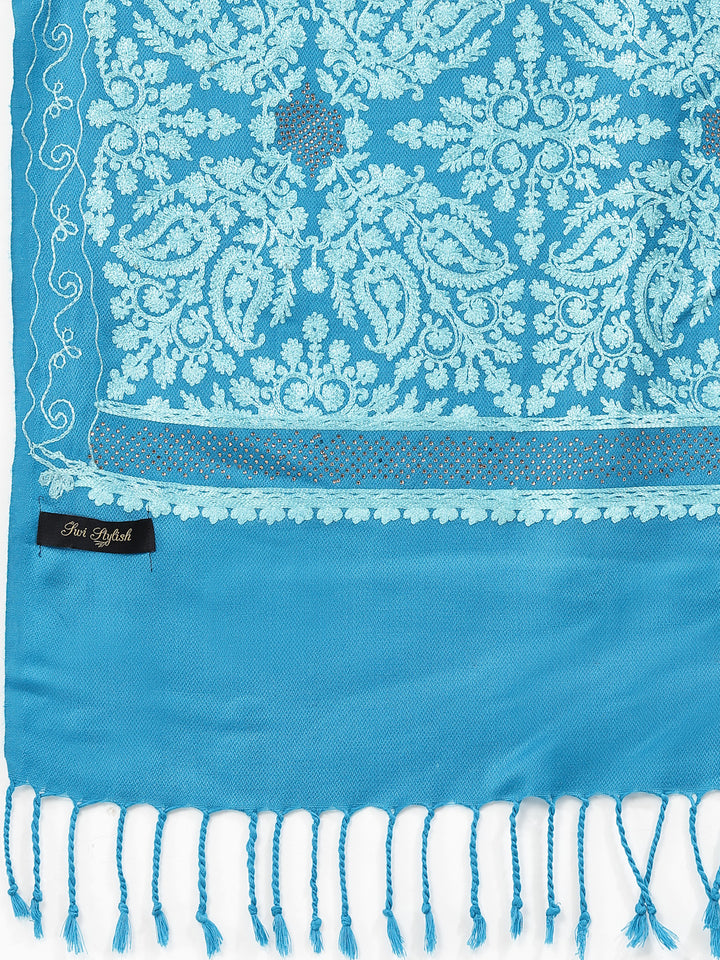 महिलाओं के लिए सिल्की आरी कढ़ाई और स्टोन वर्क ऊनी शॉल