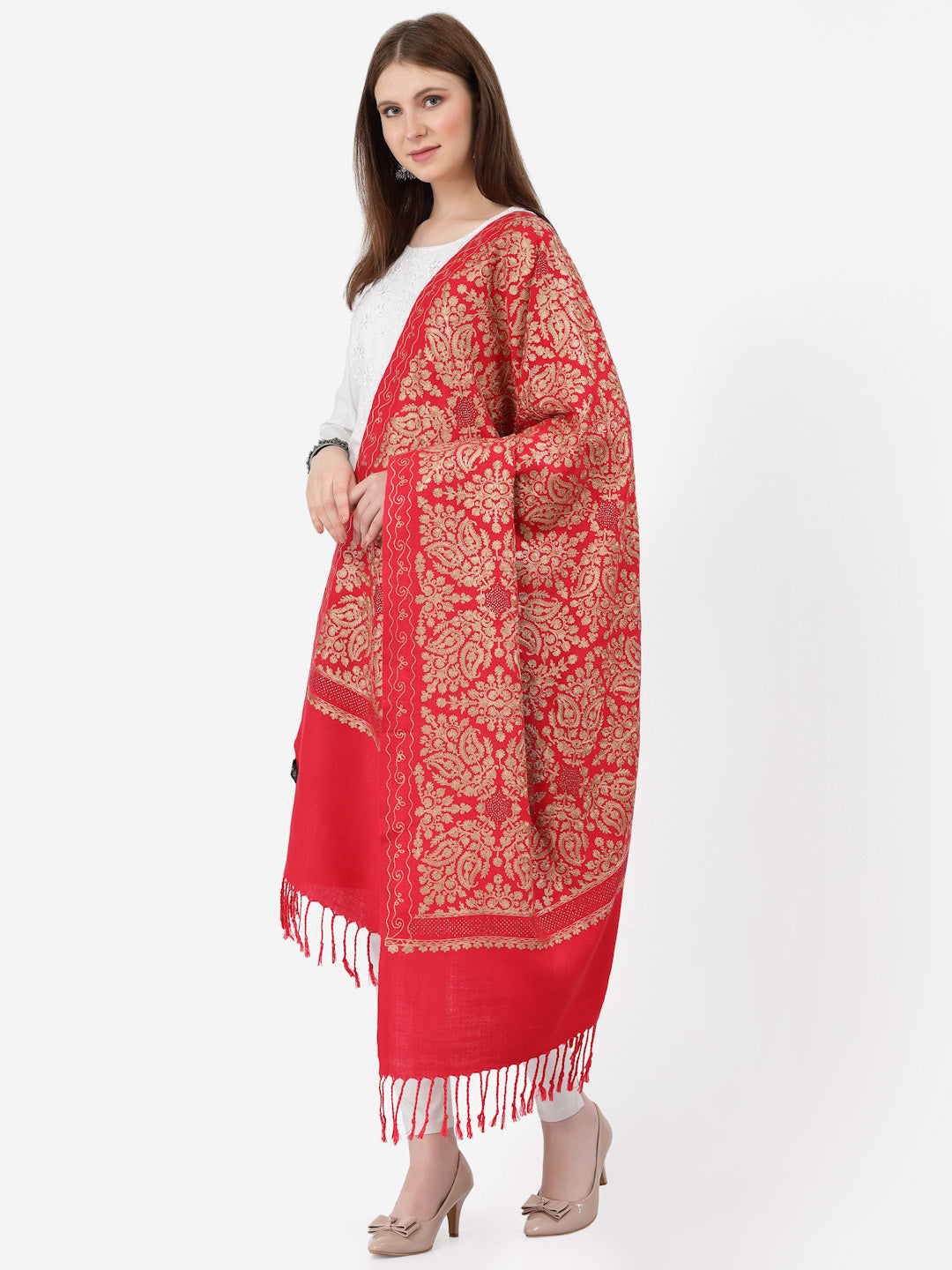 महिलाओं के लिए सिल्की आरी कढ़ाई और स्टोन वर्क ऊनी शॉल