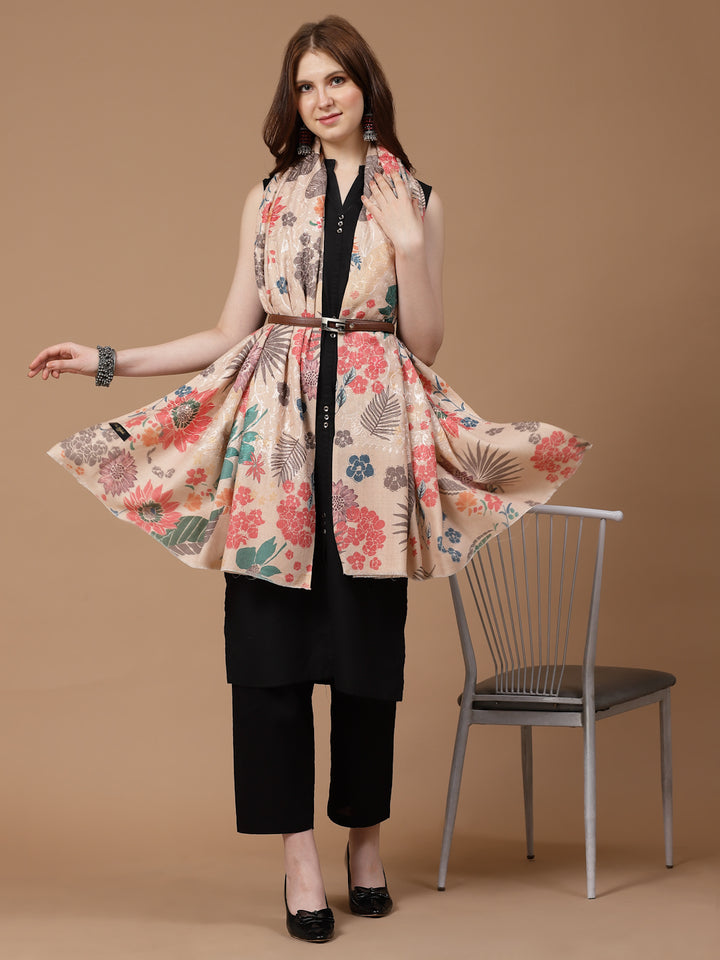 Women's Floral Printed Aari Embroidery Kalamkari Wool Shawl