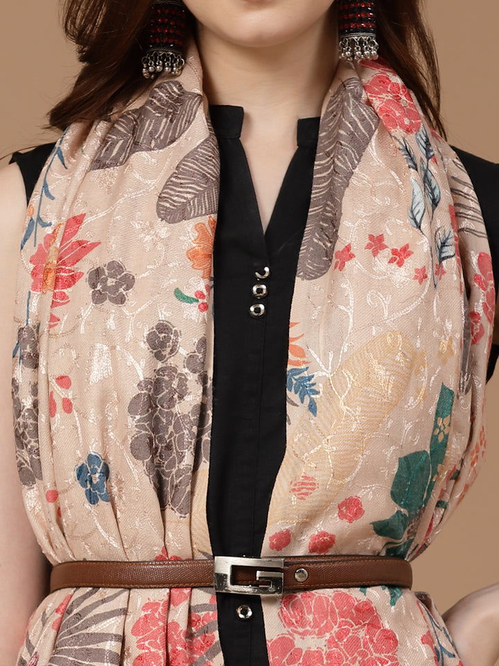 Women's Floral Printed Aari Embroidery Kalamkari Wool Shawl