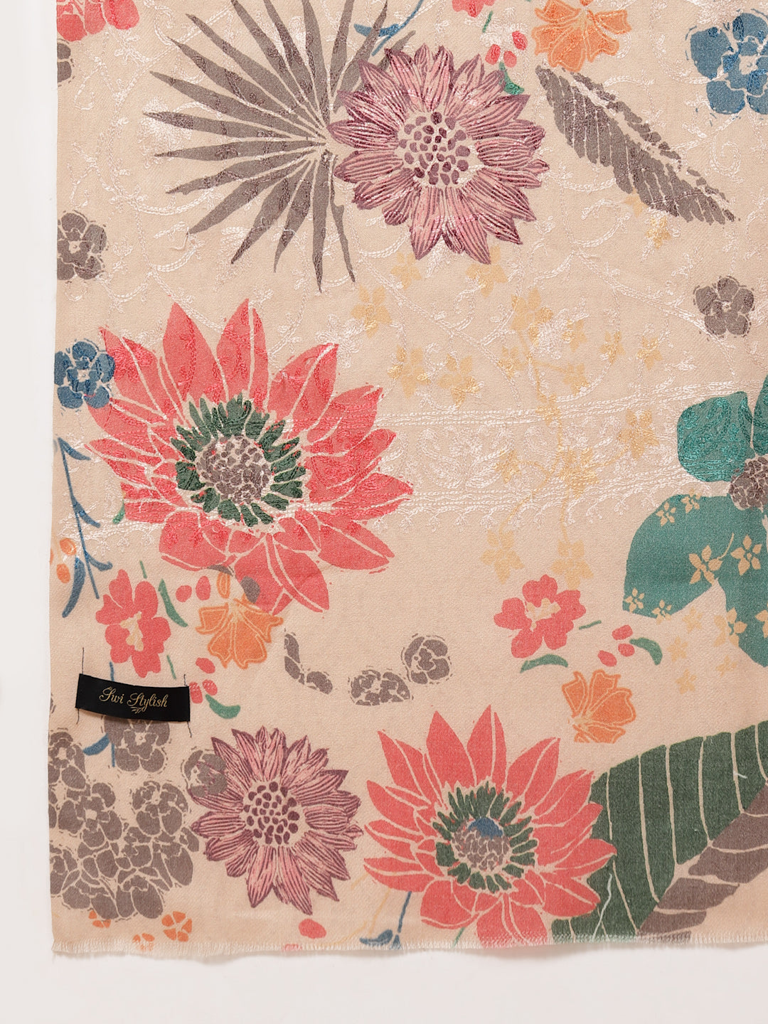 Women's Floral Printed Aari Embroidery Kalamkari Wool Shawl