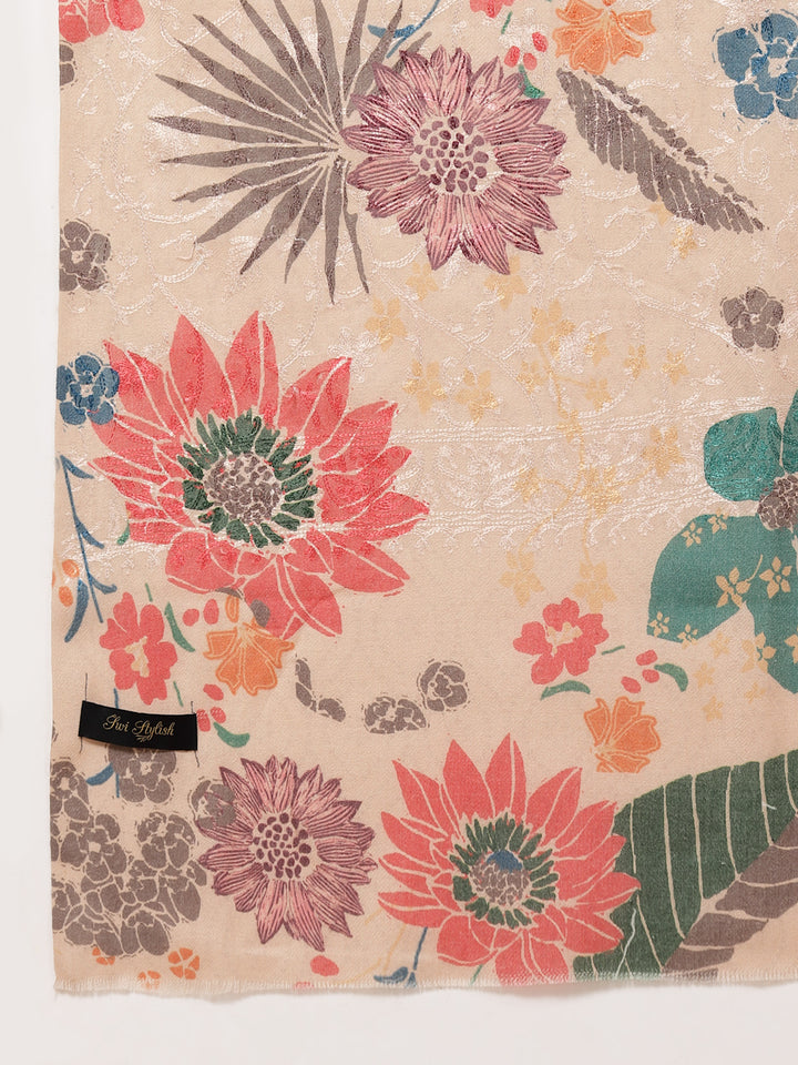 Women's Floral Printed Aari Embroidery Kalamkari Wool Shawl