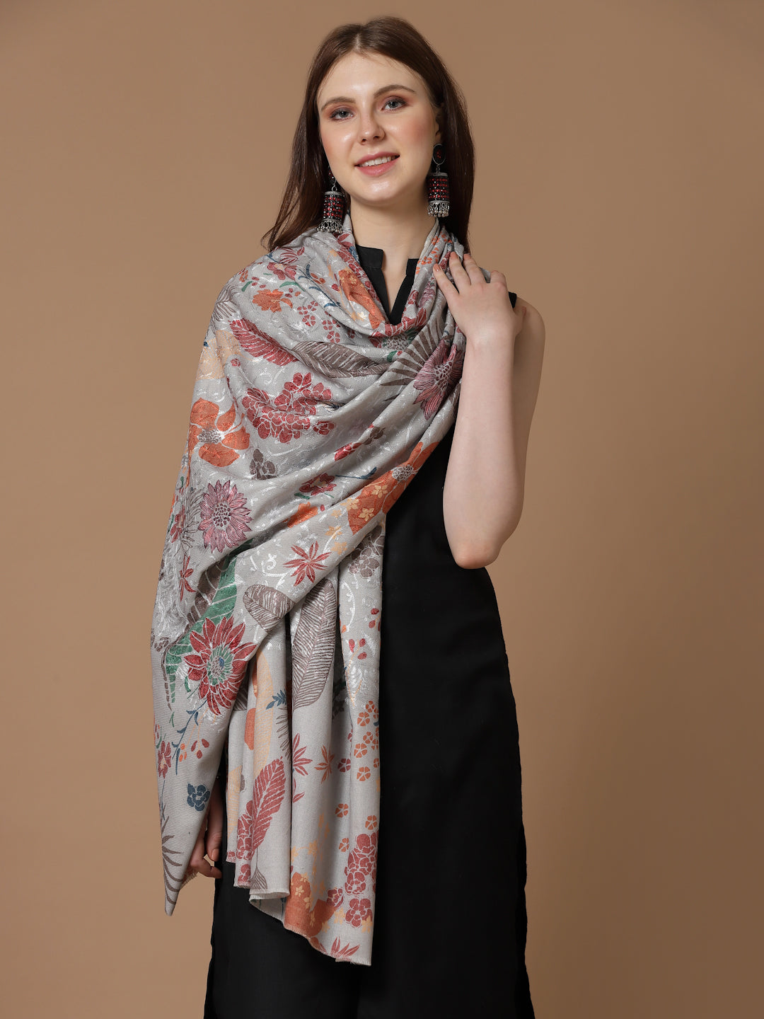 Women's Floral Printed Aari Embroidery Kalamkari Wool Shawl