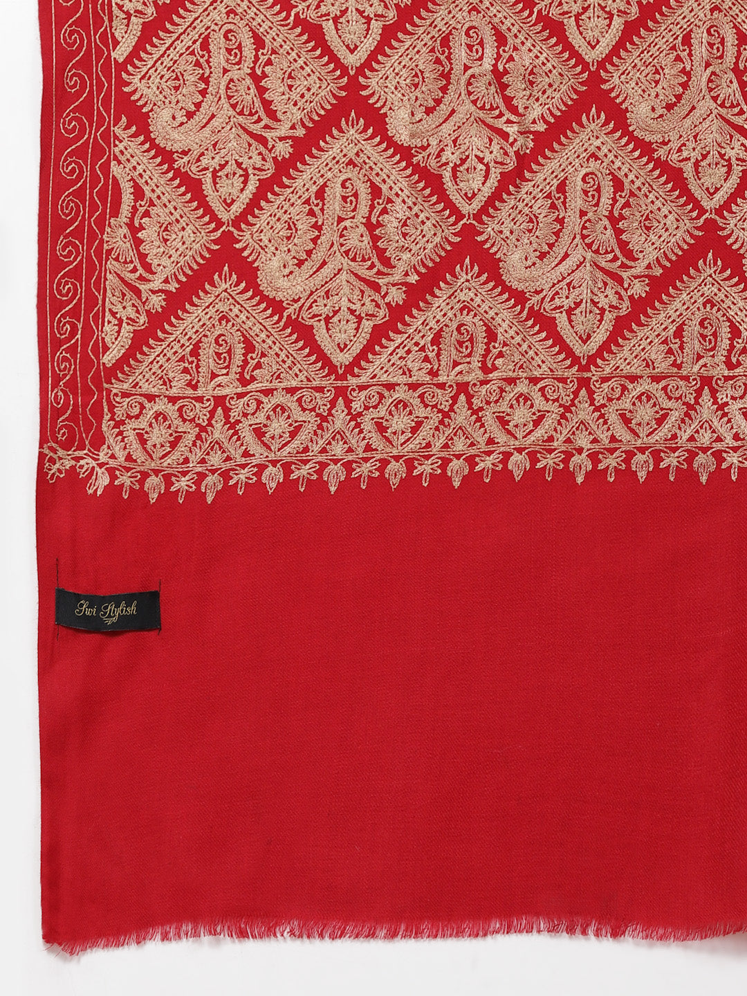 महिलाओं के लिए रेशमी सुनहरी आरी कढ़ाई के साथ मैरून ऊनी शॉल