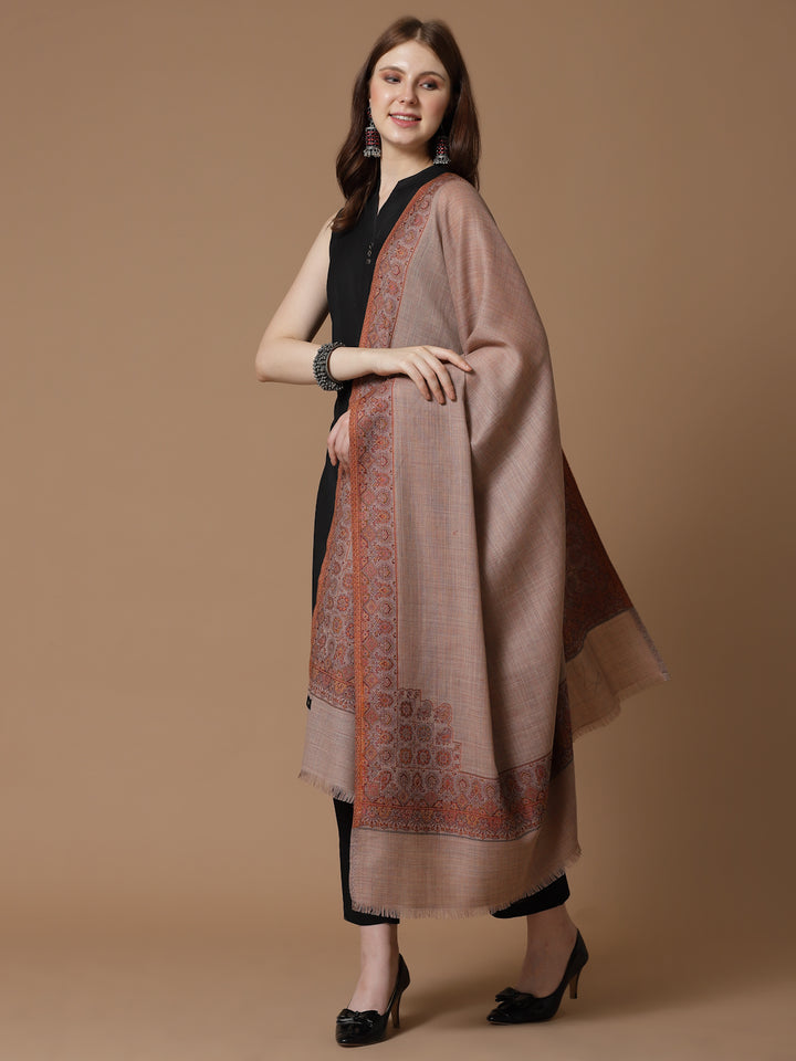 महिलाओं के लिए बेज मेलेंज कानी बॉर्डर ऊनी शॉल