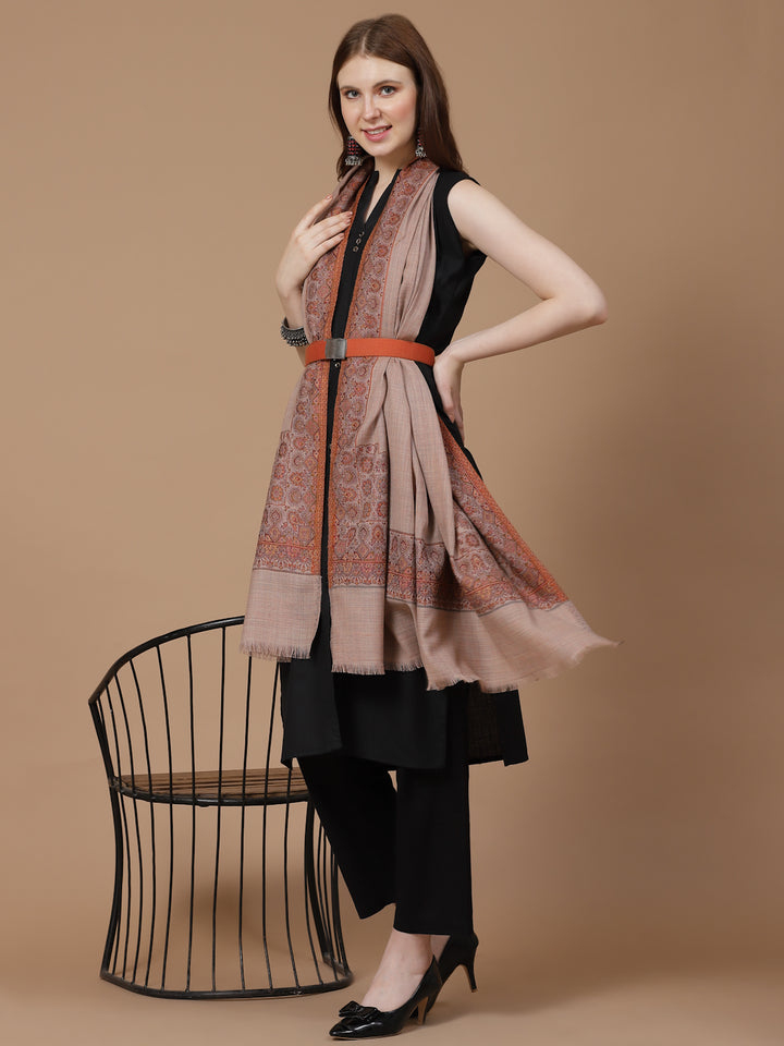 महिलाओं के लिए बेज मेलेंज कानी बॉर्डर ऊनी शॉल