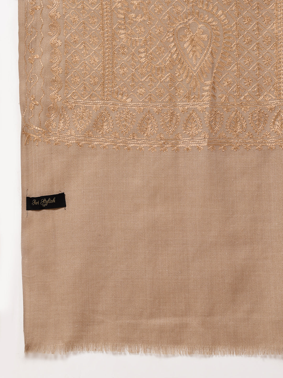 महिलाओं के लिए बेज सिल्की आरी कढ़ाई ऊनी शॉल
