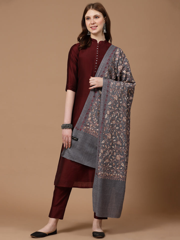 महिलाओं के लिए ग्रे आरी कढ़ाई ऊनी शॉल