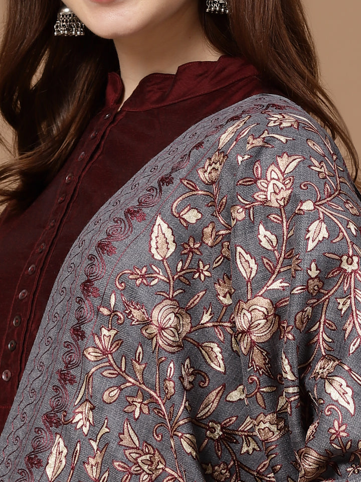 महिलाओं के लिए ग्रे आरी कढ़ाई ऊनी शॉल