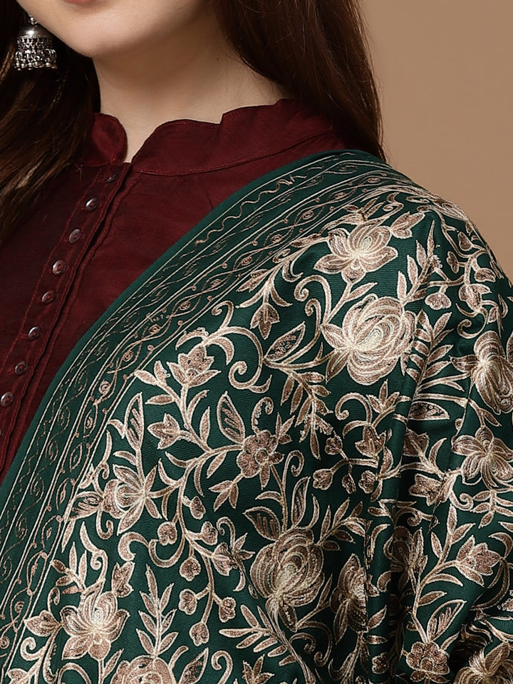 महिलाओं के लिए बोतल ग्रीन सिल्की आरी कढ़ाई ऊनी शॉल