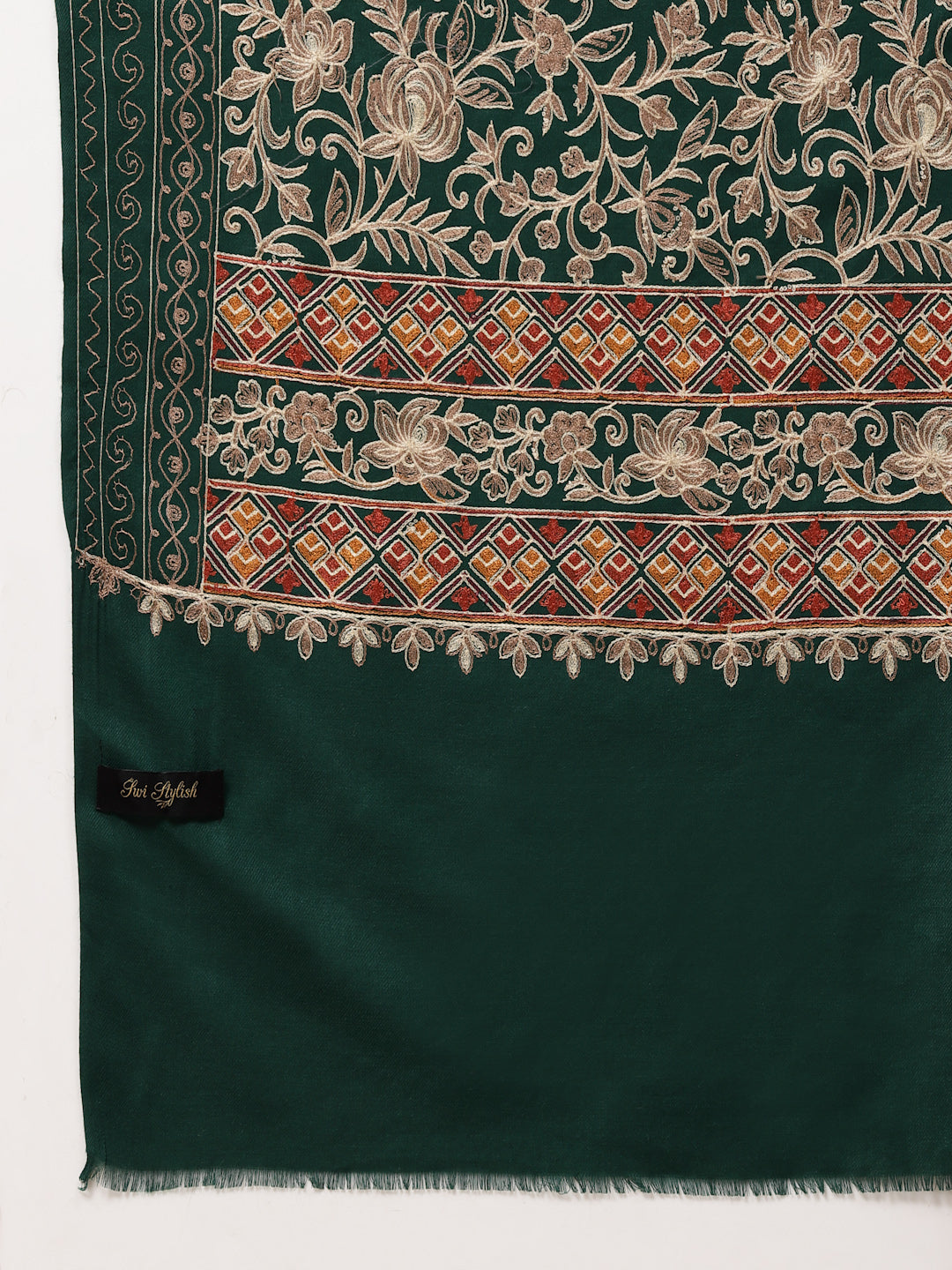 महिलाओं के लिए बोतल ग्रीन सिल्की आरी कढ़ाई ऊनी शॉल