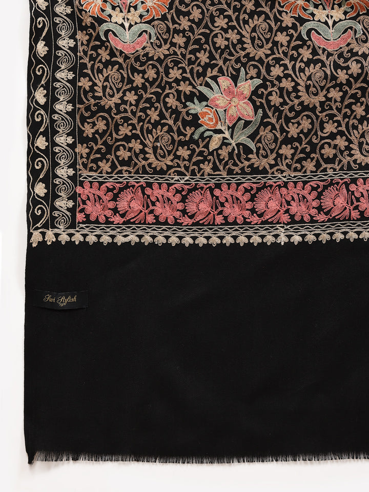 महिलाओं के लिए काला आरी कढ़ाई वाला ऊनी शॉल