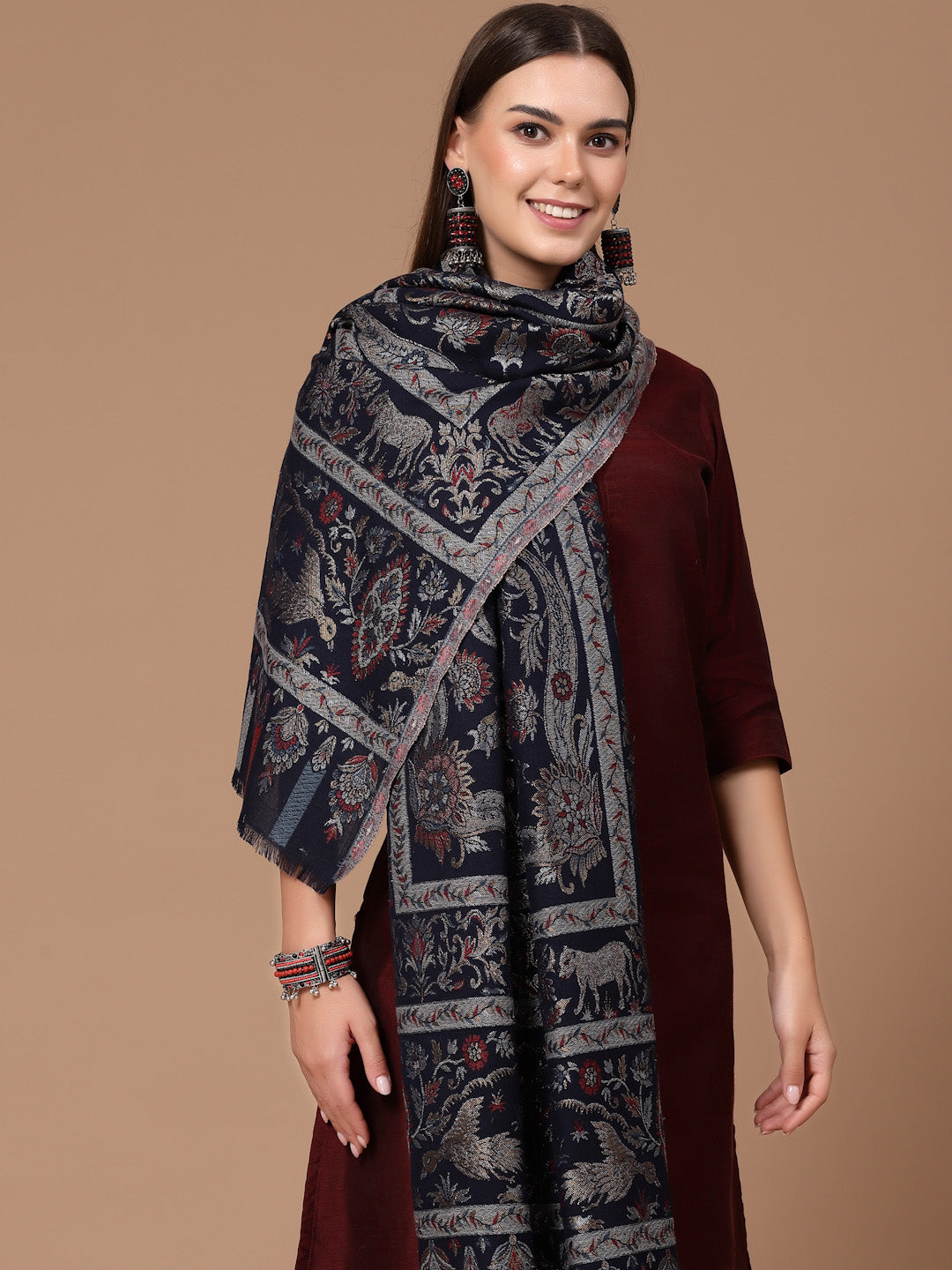 Women's Zari Kani Wool Shawl with Figures
