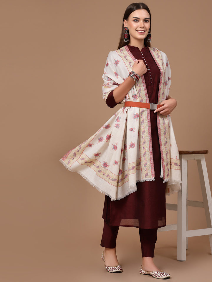 महिलाओं के लिए सफ़ेद कानी ऊनी पुष्प शॉल