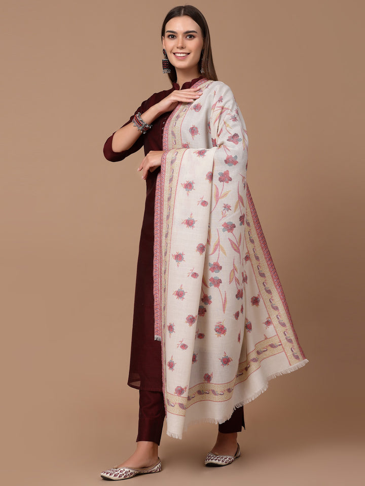 महिलाओं के लिए सफ़ेद कानी ऊनी पुष्प शॉल