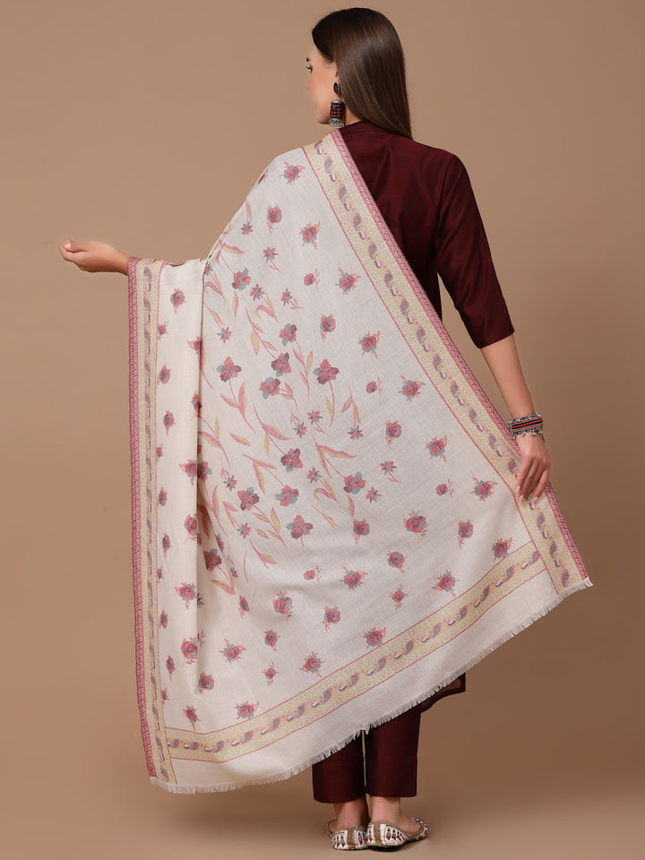 महिलाओं के लिए सफ़ेद कानी ऊनी पुष्प शॉल