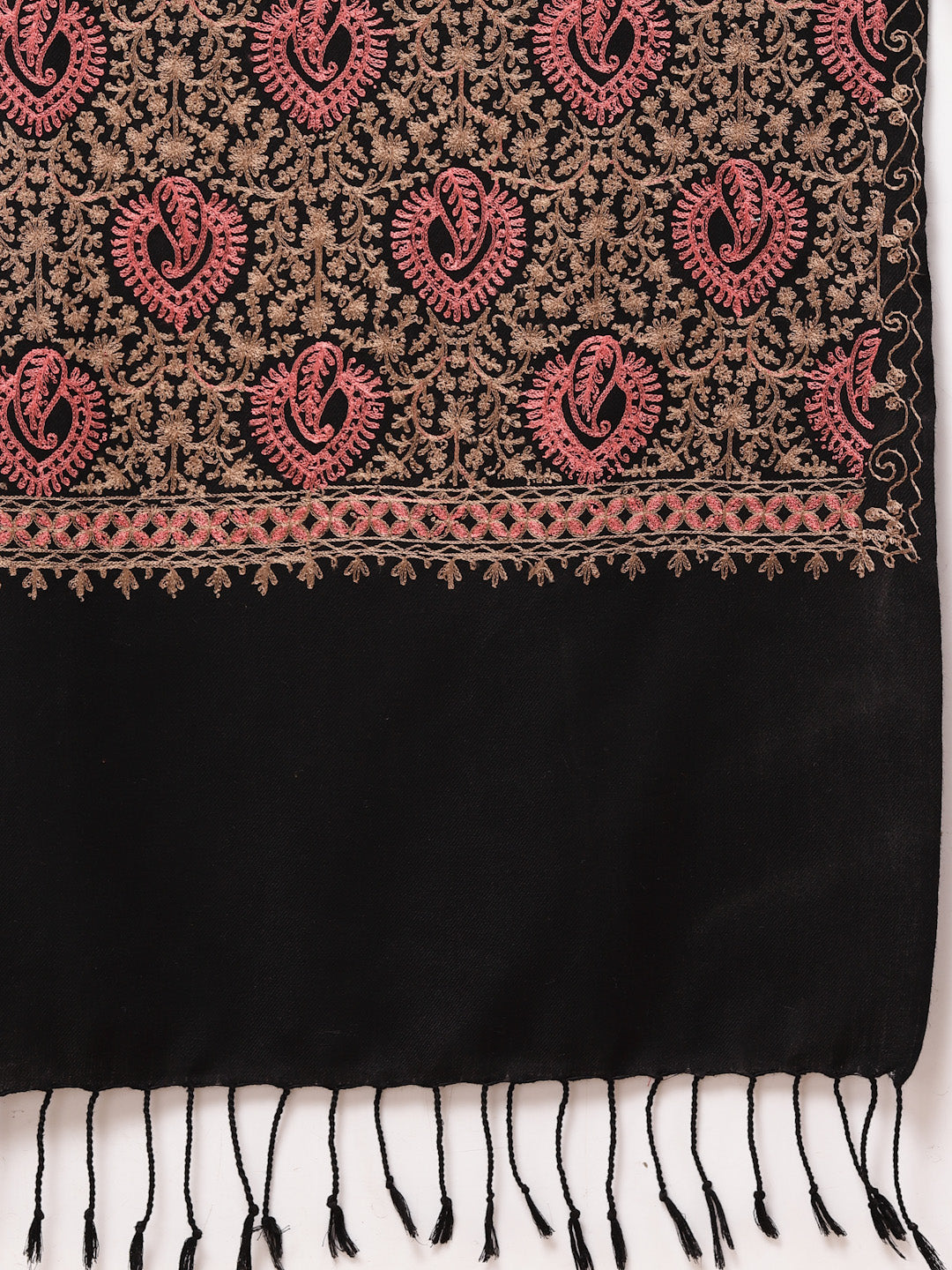 महिलाओं के लिए काले रंग की आरी कढ़ाई वाली ऊनी पैस्ले स्टोल
