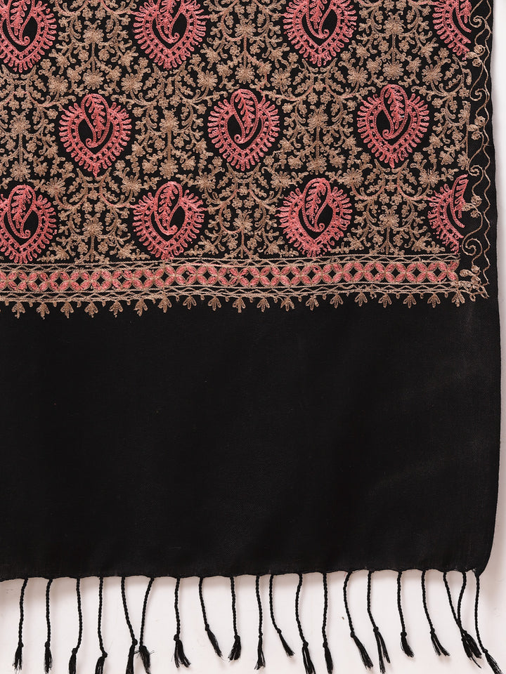 महिलाओं के लिए काले रंग की आरी कढ़ाई वाली ऊनी पैस्ले स्टोल