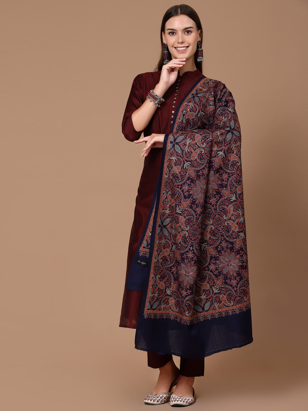 Women's Aari Embroidery Pure Wool Shawl with Sequence