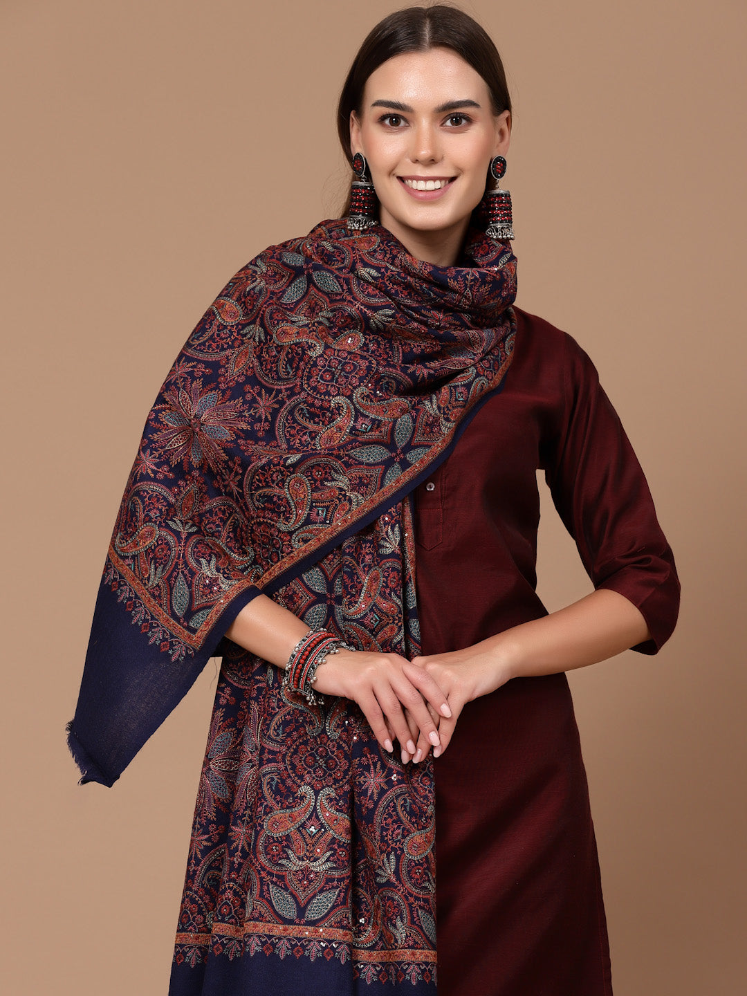Women's Aari Embroidery Pure Wool Shawl with Sequence