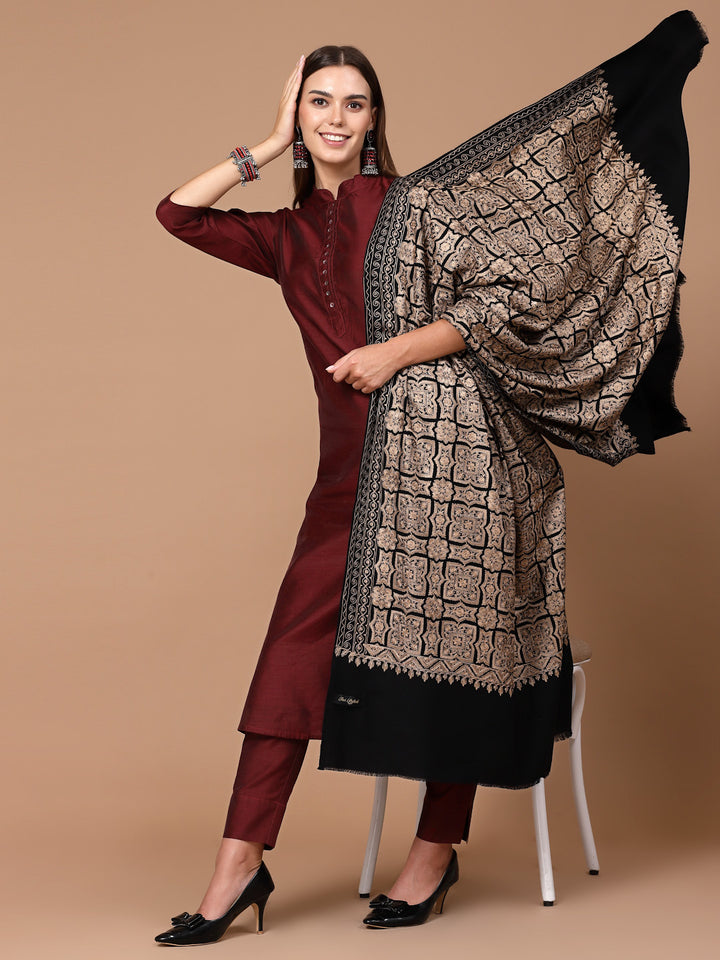 Women's Silky Golden Aari Embroidery Wool Shawl