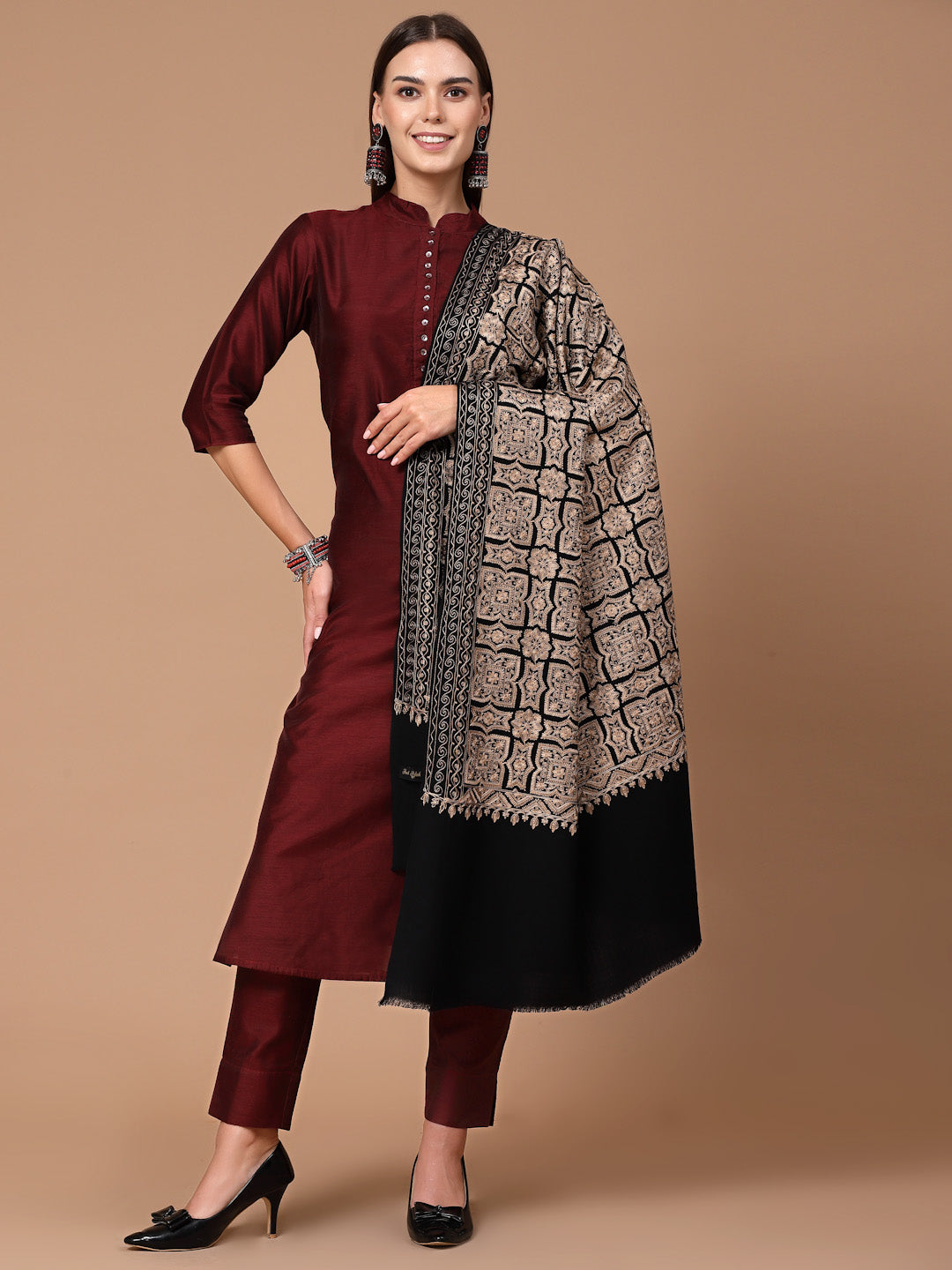 Women's Silky Golden Aari Embroidery Wool Shawl