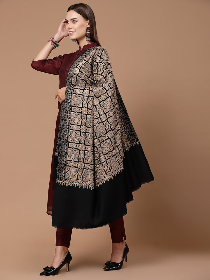 Women's Silky Golden Aari Embroidery Wool Shawl