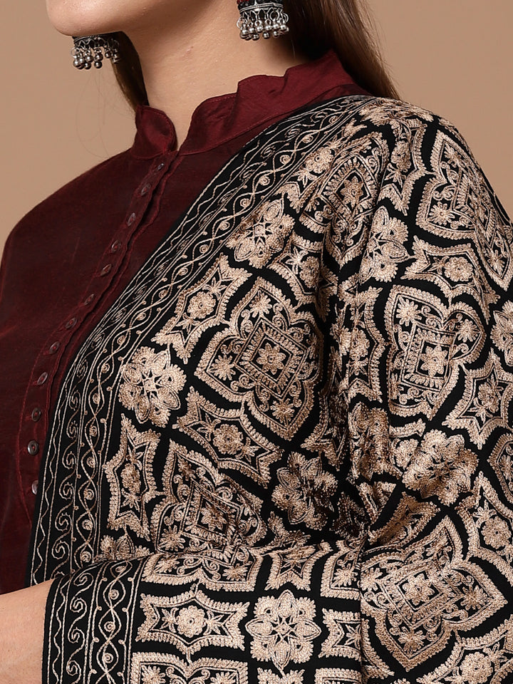 Women's Silky Golden Aari Embroidery Wool Shawl