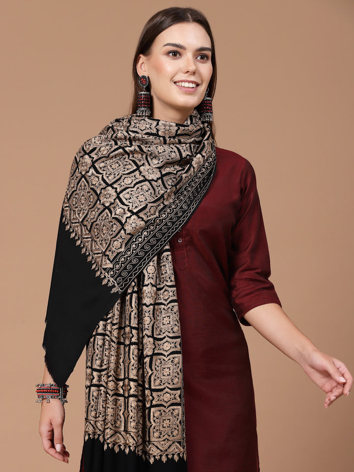Women's Silky Golden Aari Embroidery Wool Shawl