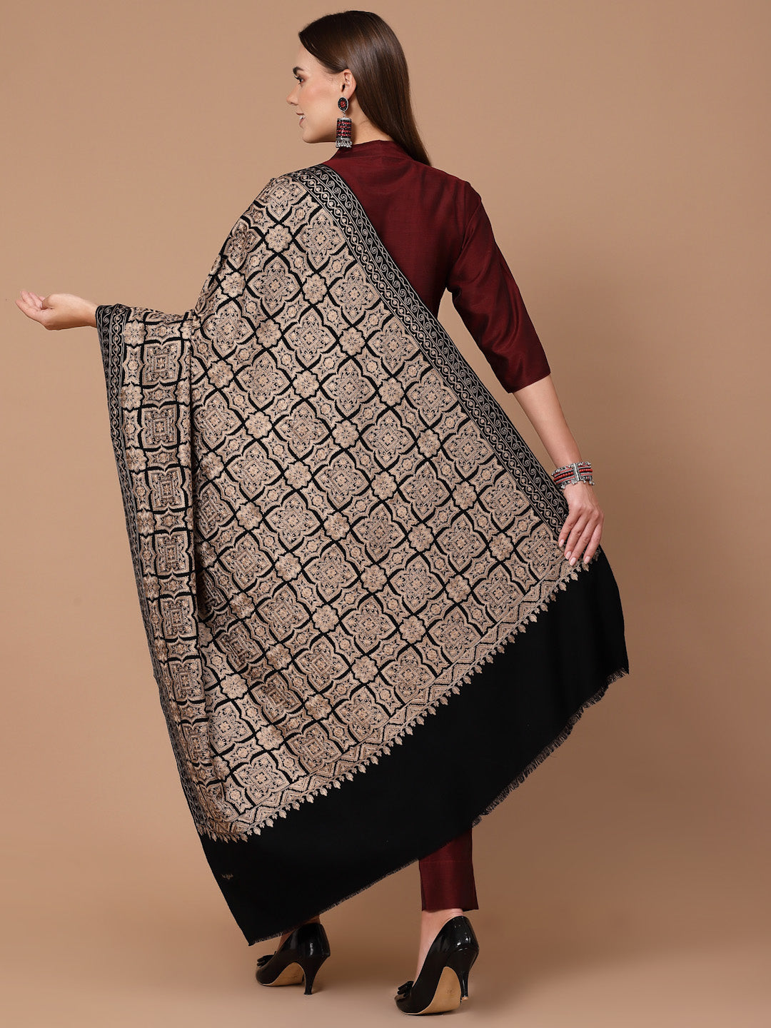 Women's Silky Golden Aari Embroidery Wool Shawl