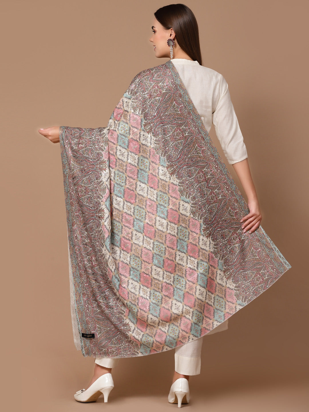 Women's Floral Printed Aari Embroidery Kalamkari Wool Shawl