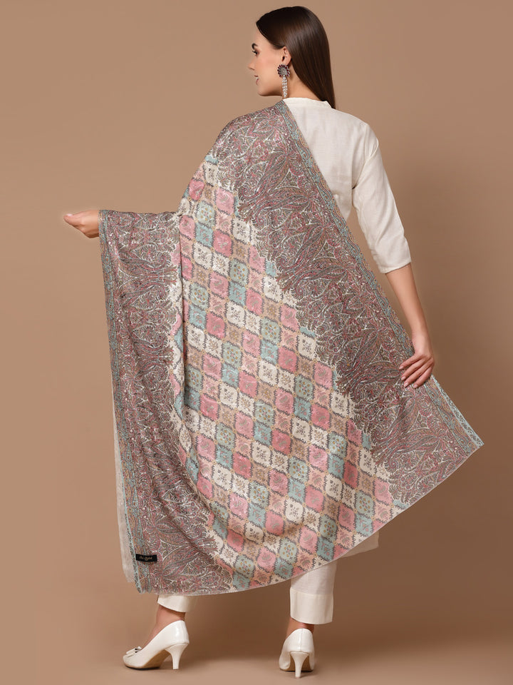 Women's Floral Printed Aari Embroidery Kalamkari Wool Shawl