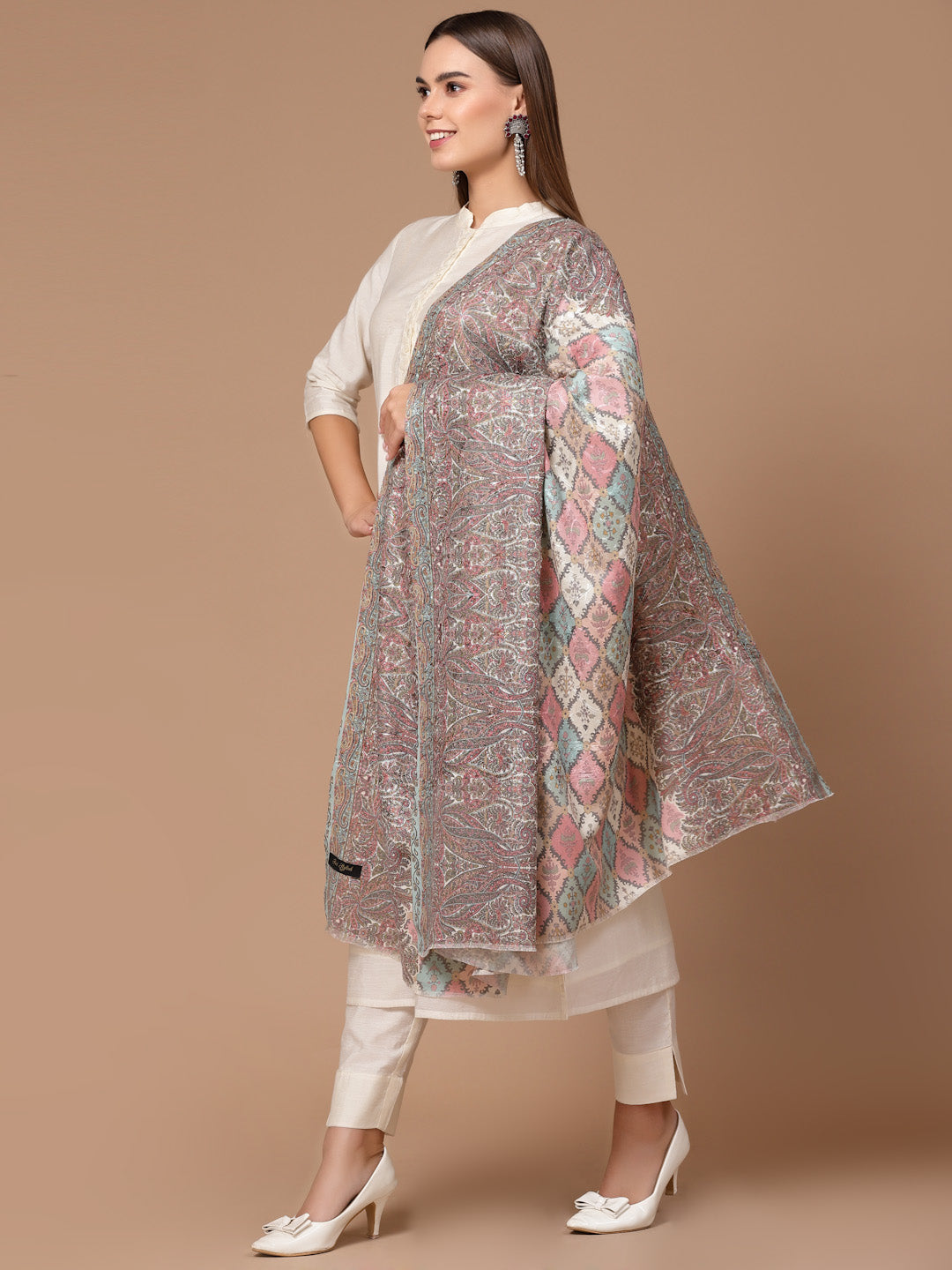 Women's Floral Printed Aari Embroidery Kalamkari Wool Shawl