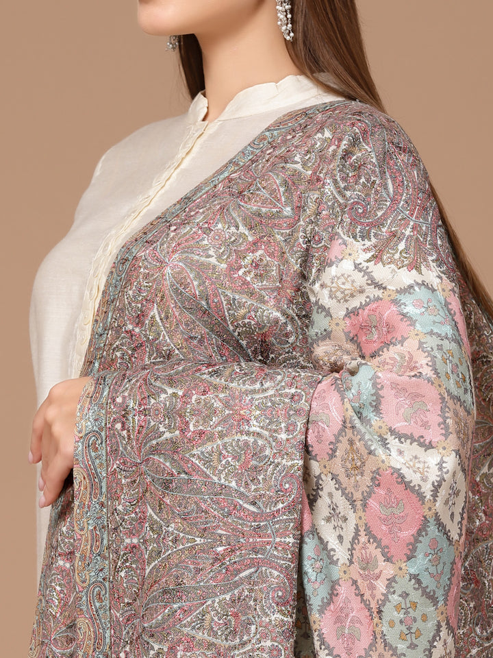 Women's Floral Printed Aari Embroidery Kalamkari Wool Shawl