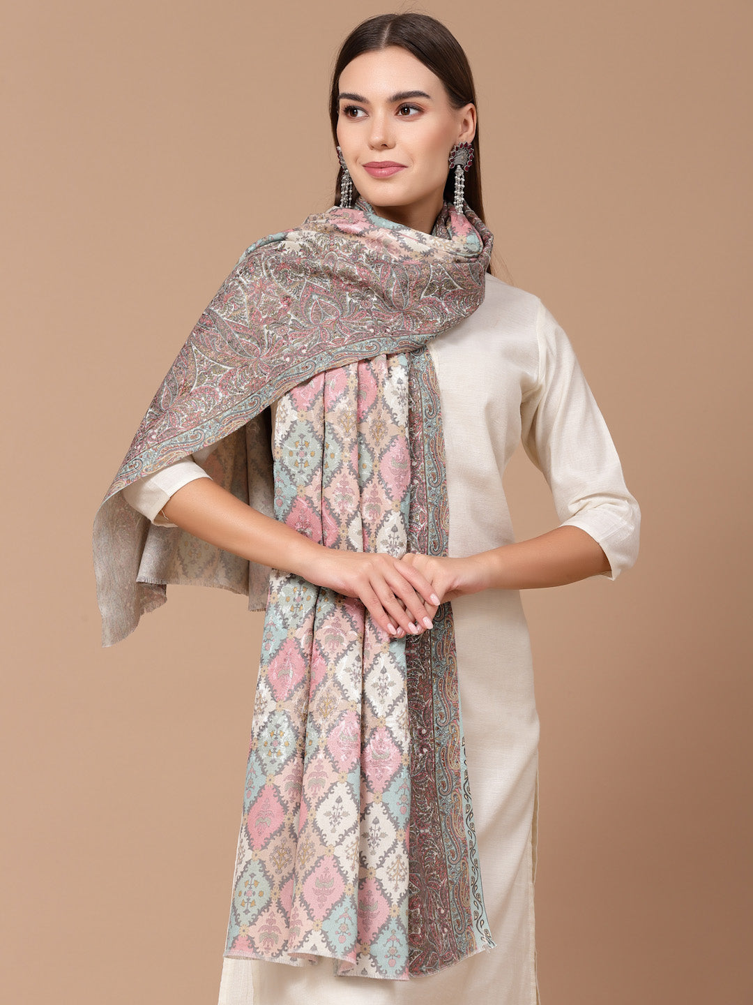 Women's Floral Printed Aari Embroidery Kalamkari Wool Shawl