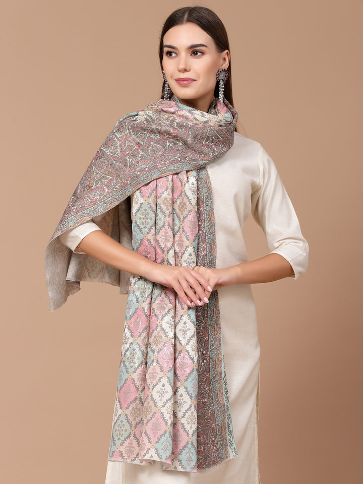 Women's Floral Printed Aari Embroidery Kalamkari Wool Shawl