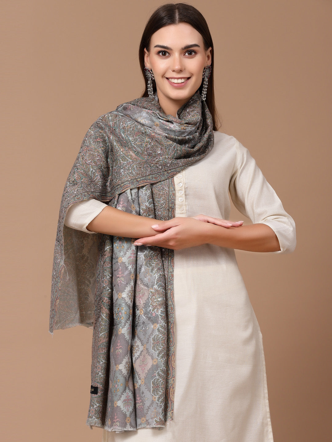 Women's Floral Printed Aari Embroidery Kalamkari Wool Shawl