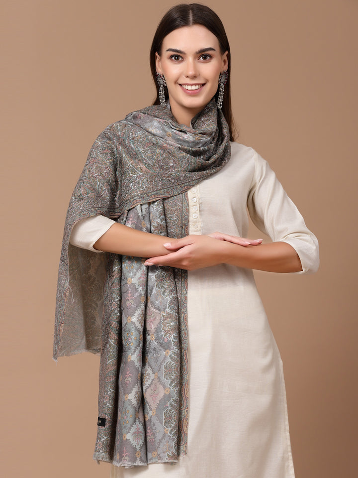 Women's Floral Printed Aari Embroidery Kalamkari Wool Shawl