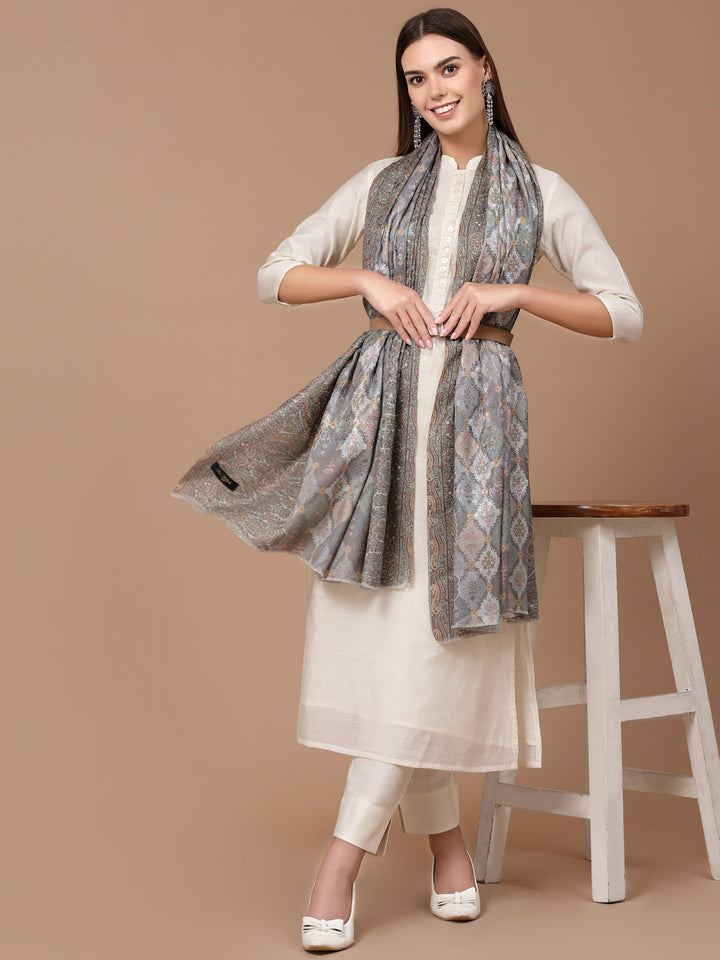 Women's Floral Printed Aari Embroidery Kalamkari Wool Shawl