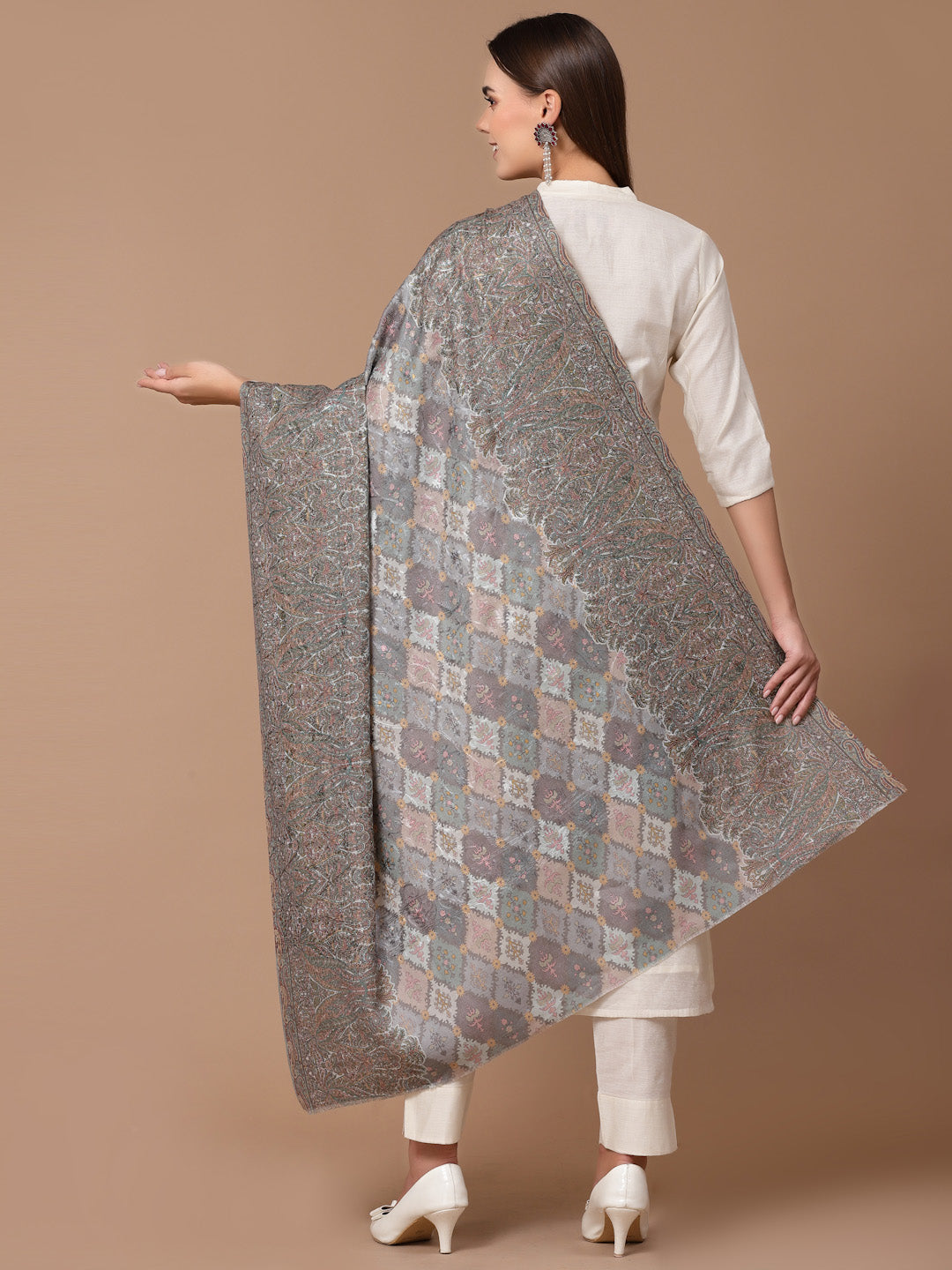 Women's Floral Printed Aari Embroidery Kalamkari Wool Shawl