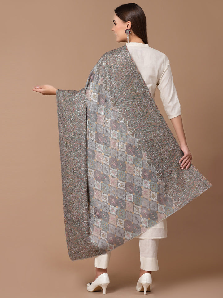 Women's Floral Printed Aari Embroidery Kalamkari Wool Shawl