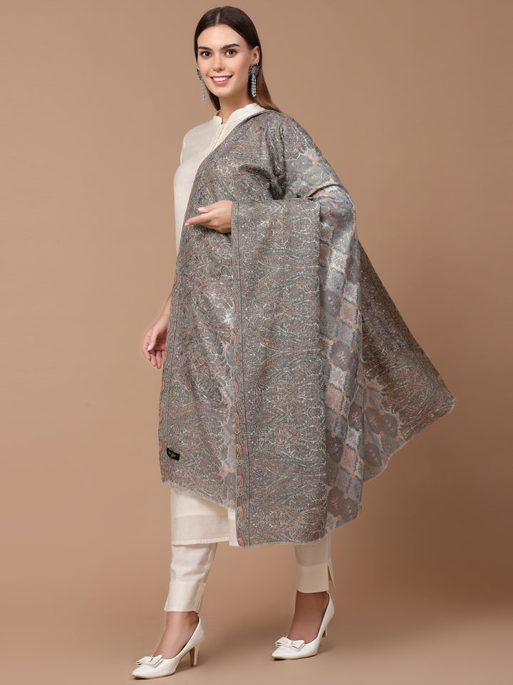 Women's Floral Printed Aari Embroidery Kalamkari Wool Shawl