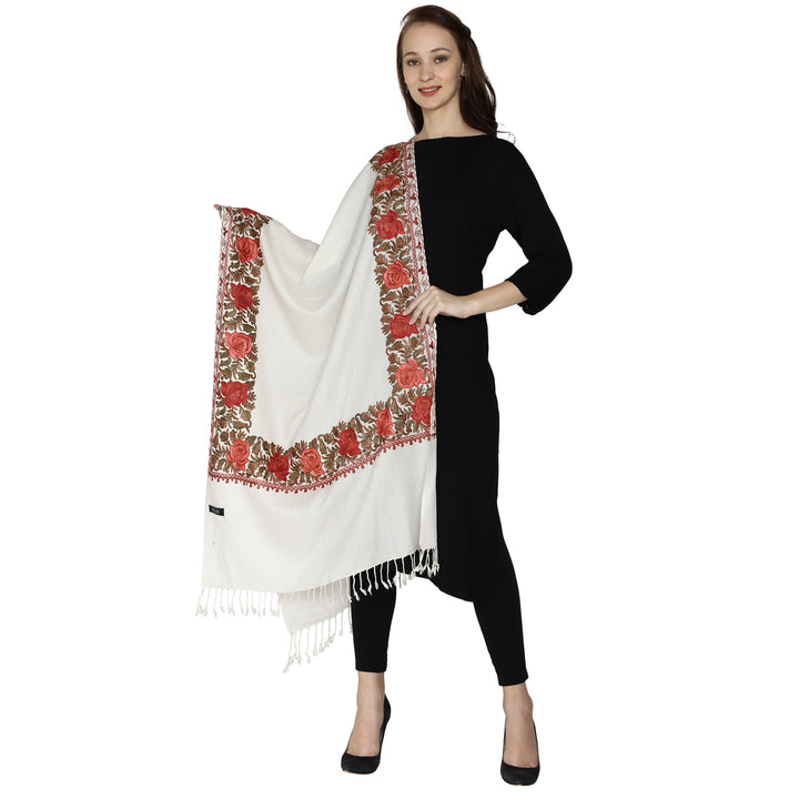 SWI स्टाइलिश महिलाओं के लिए ऊनी स्टोल कश्मीरी कढ़ाई, बहुरंगी बॉर्डर के साथ