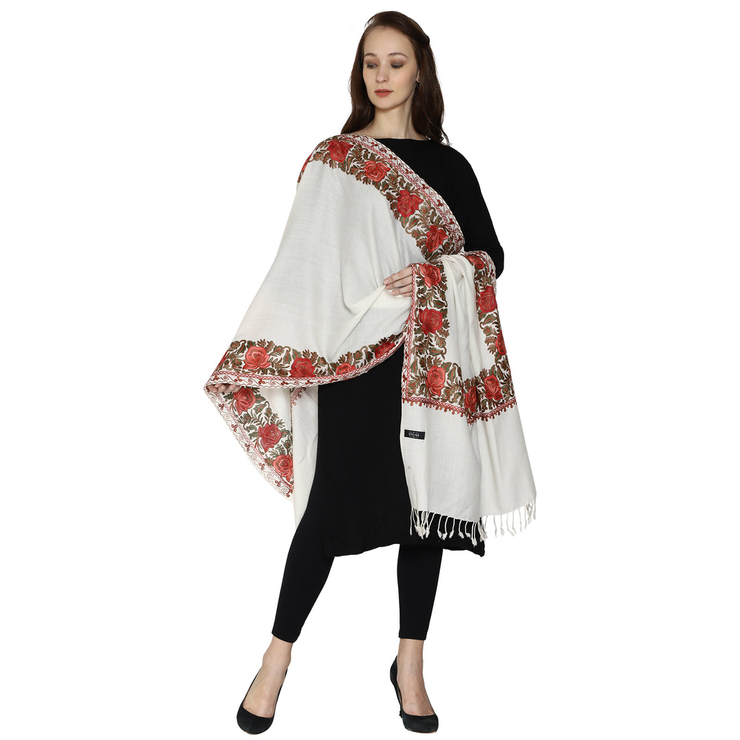 SWI स्टाइलिश महिलाओं के लिए ऊनी स्टोल कश्मीरी कढ़ाई, बहुरंगी बॉर्डर के साथ