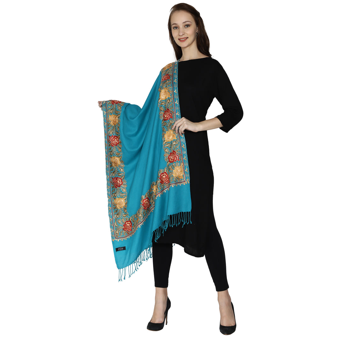 SWI स्टाइलिश महिलाओं के लिए ऊनी स्टोल कश्मीरी कढ़ाई, बहुरंगी बॉर्डर के साथ