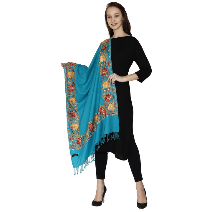 SWI स्टाइलिश महिलाओं के लिए ऊनी स्टोल कश्मीरी कढ़ाई, बहुरंगी बॉर्डर के साथ