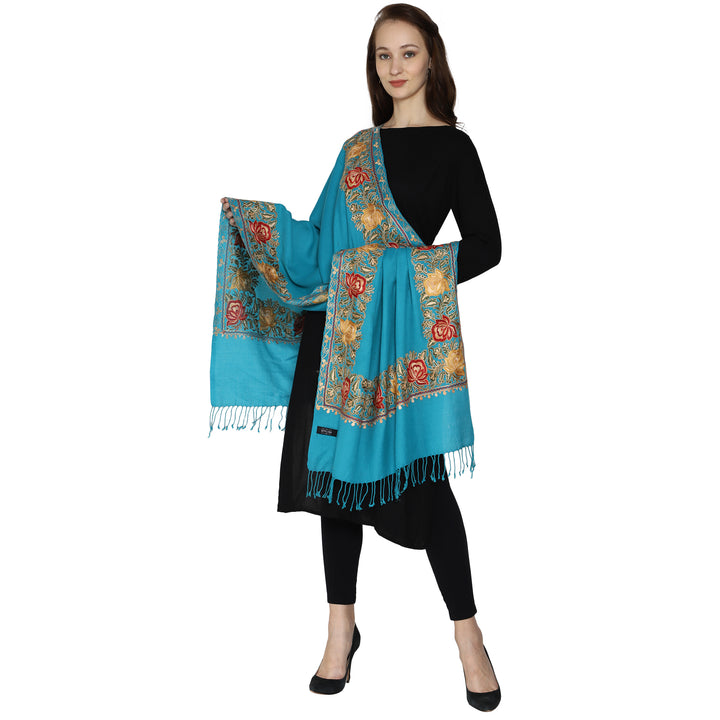 SWI स्टाइलिश महिलाओं के लिए ऊनी स्टोल कश्मीरी कढ़ाई, बहुरंगी बॉर्डर के साथ