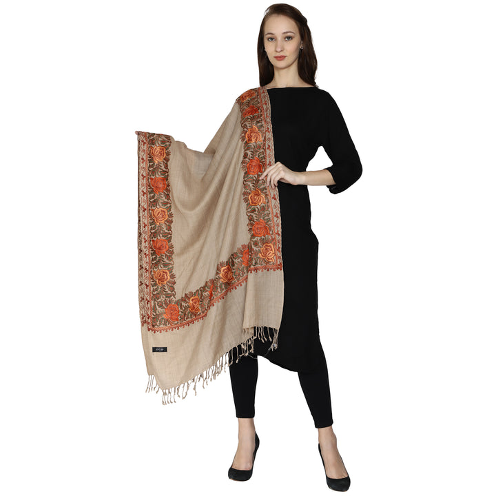SWI स्टाइलिश महिलाओं के लिए ऊनी स्टोल कश्मीरी कढ़ाई, बहुरंगी बॉर्डर के साथ